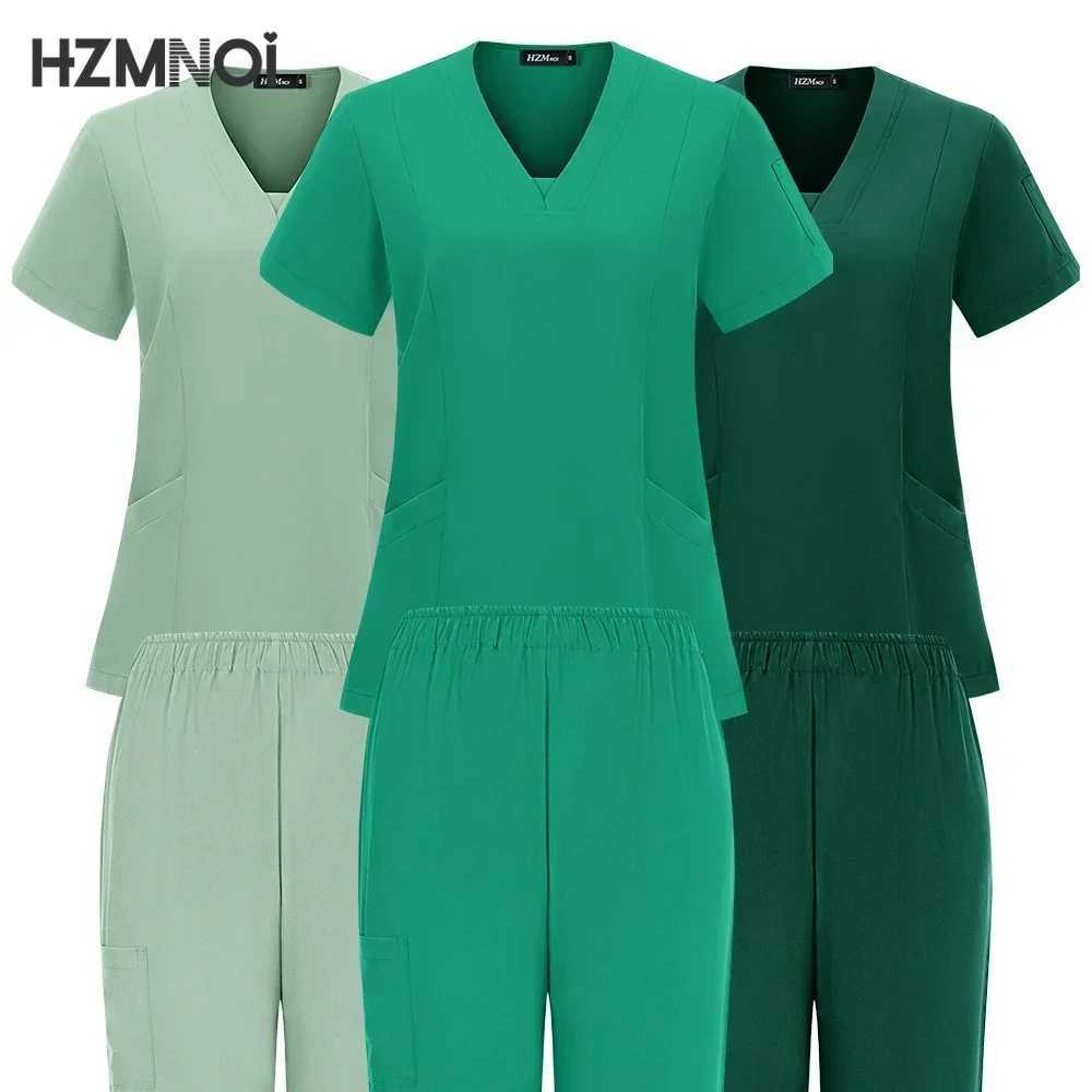 New Scrubs Nurse Uniforms Short Slve V-neck Top+Straight Pants Women Multicolor Nursing Scrubs Set Pet Doctor Medical Workwear X250410