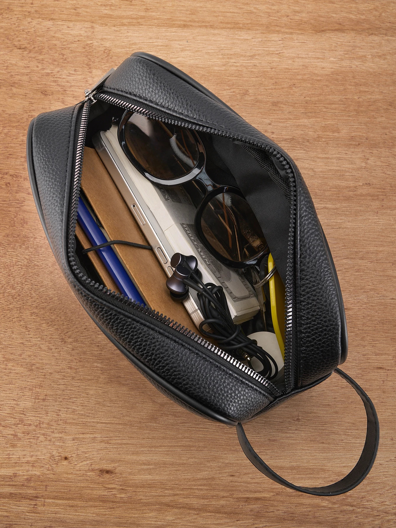 Mens PU Leather Hand Carry Bag Lightweight Textured n w Detachable Wrist Strap Zippered Pocket Organizer Fits Essentia 251110