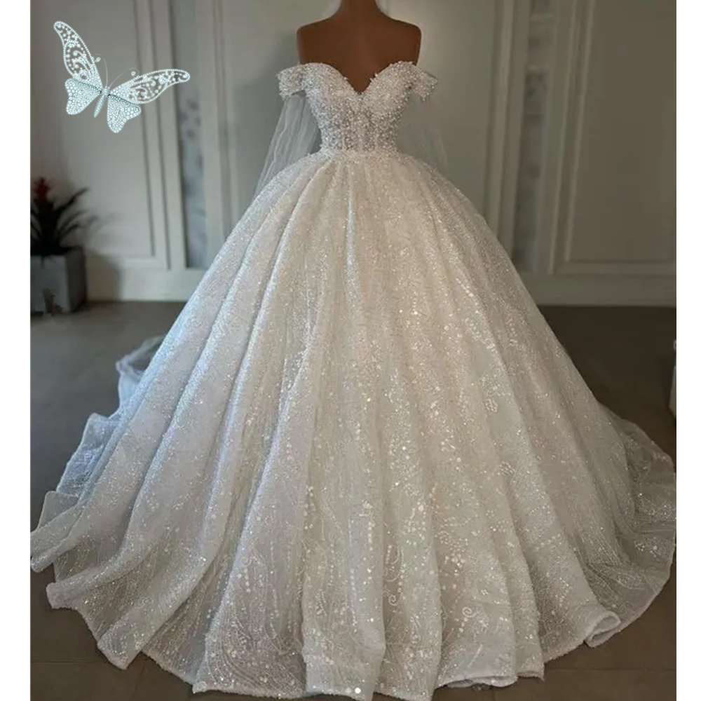 Luxury Arabic Beaded Ball Gowns Vintage Off The Shoulder Wedding Dresses Vestidos De Novia Sequined Bridal Gown Pearls Robes De Soiree Women Customize
