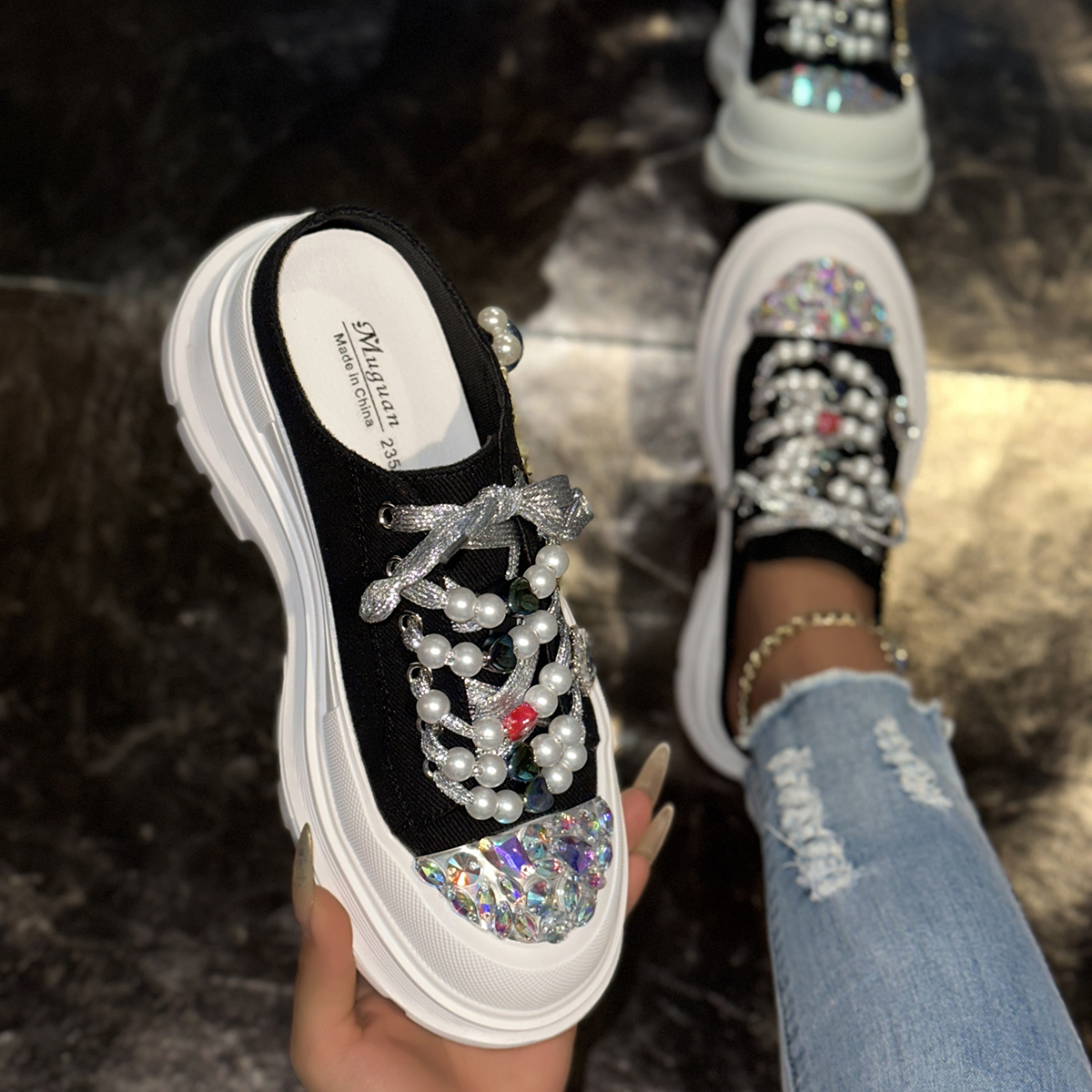 Sparkling Pearl Women's Canvas Shoes Casual Sports Shoes Women's Fashion Luxury Casual Shoes Lace up Sports Slippers Designer Outdoor Beach 