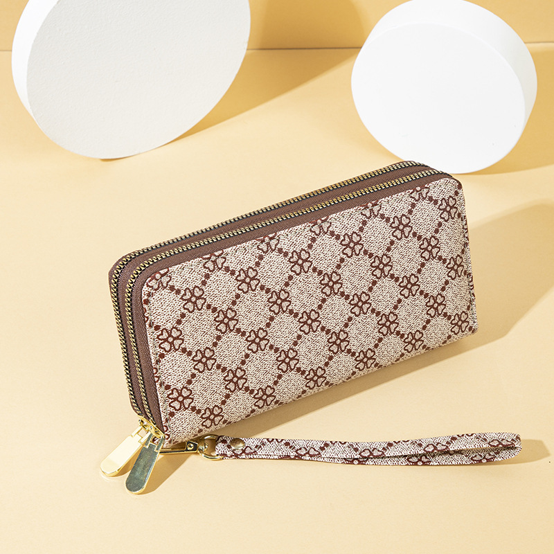 2025 Long Women's Clover Printed Large Capacity Handbag Wallet European and American Popular Double Zipper Double Layer Wallet Phone Bag Holiday 