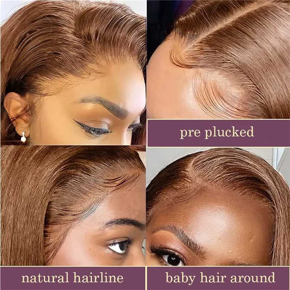 220 Density Full Frontal 13x4 HD Transparent Lace 4 Chocolate Brown Straight Short Bob Wig Human Hair Wigs Pre Plucked WigT251111