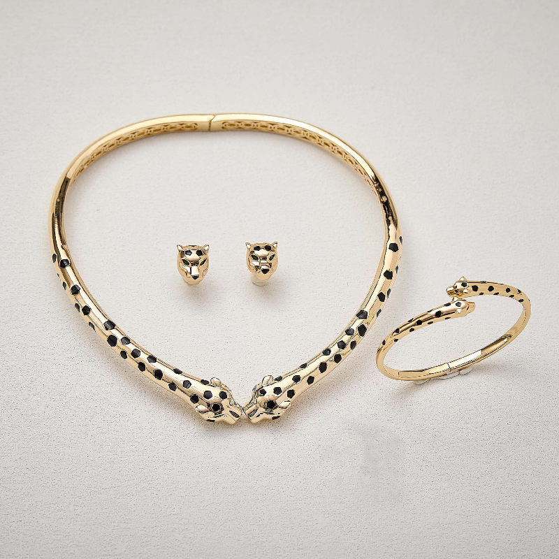 Designer Collection Style Party Earrings Bracelet Choker Necklace Inlay Green Eyes Black Enamel Spots Double Leopard Panther Jewelry Sets