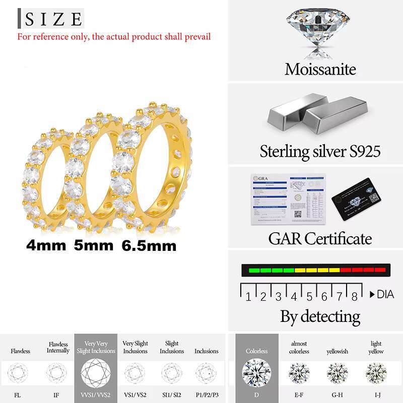 Fine Jewelry Couple Gift 925 Sterling Silver 1 Row 4mm 5mm 6.5mm VVS Moissanite Diamond Finger Ring With Certificate