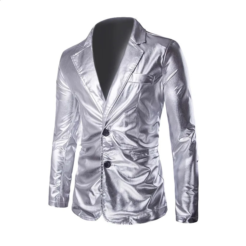 Stamping Glossy Casual Suit for Men Slim Fit 2 Piece Solid Shiny Party Gold Silver Black Suit for Men Blazer Jacket Pants 250410