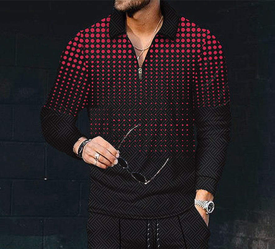 New mens printed polo shirt lapel long sleeve pullover casual mens T-shirt