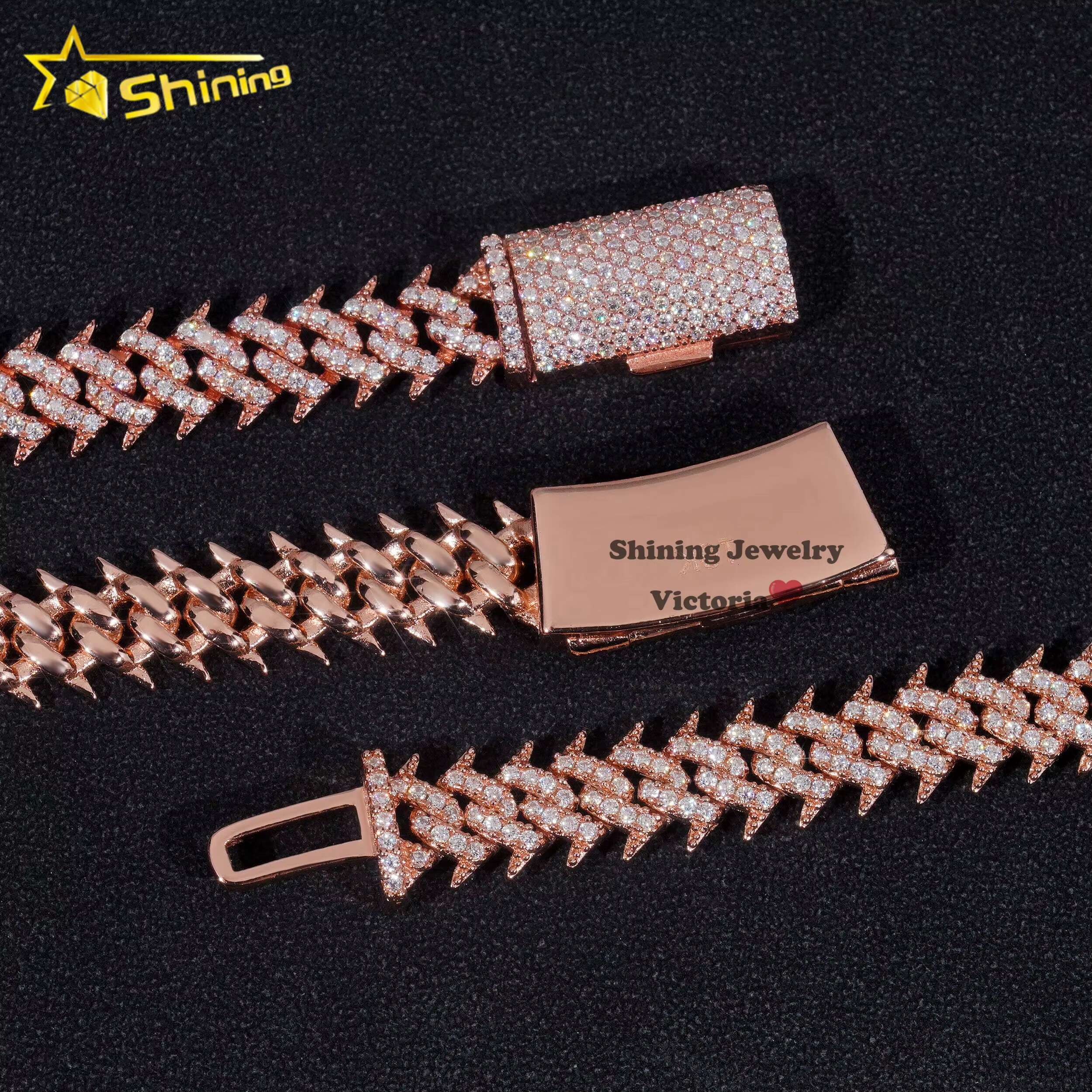 Hot Sale 925 Soild Silver Rose Gold Plated Hip Hop Necklace 10MM VVS Moissanite Diamond Spike Cuban Link Chain