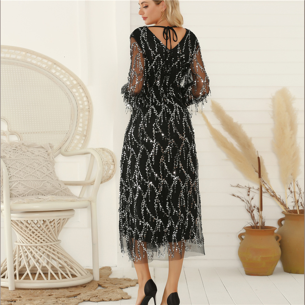 Sexy V-neck tassel sequin dress for women