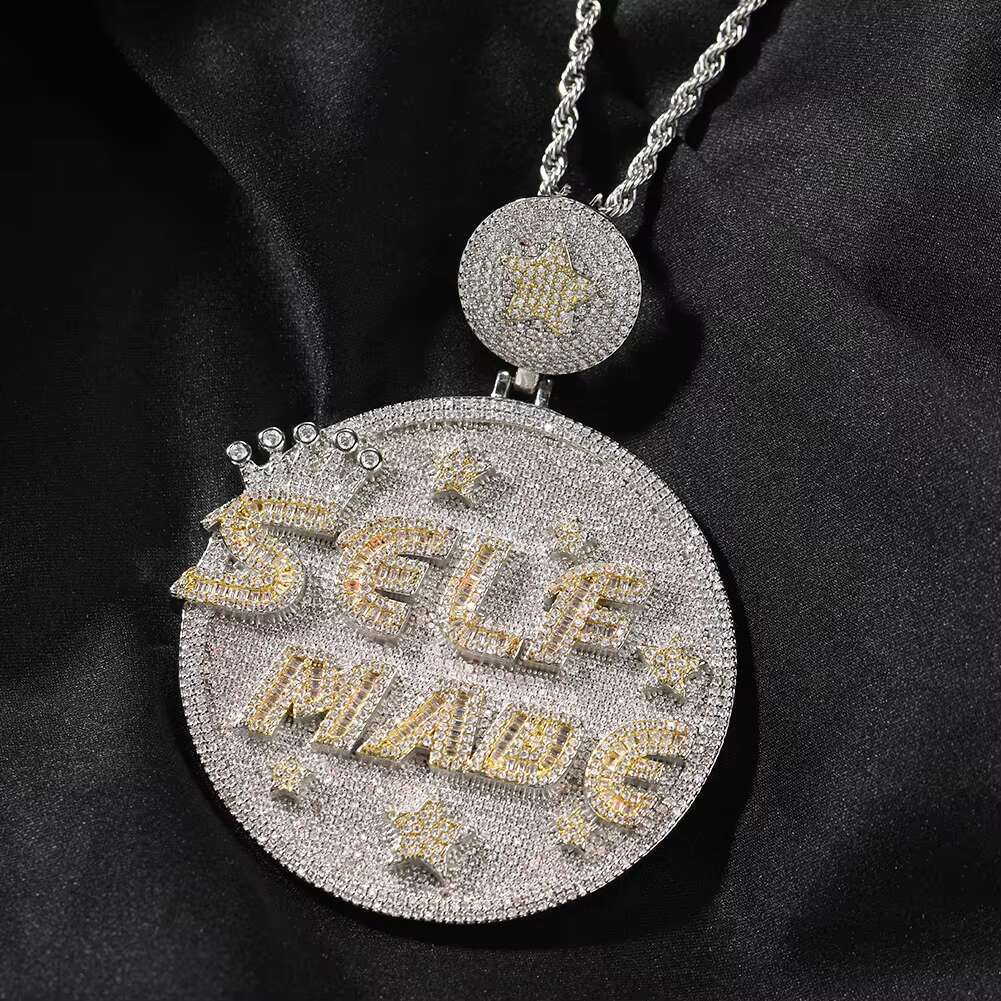 Luxury Bling Cz Micro Pave Personalized Letter SELF MADE Engraved Big Round Medal Pendant Hip Hop Necklaces for Men