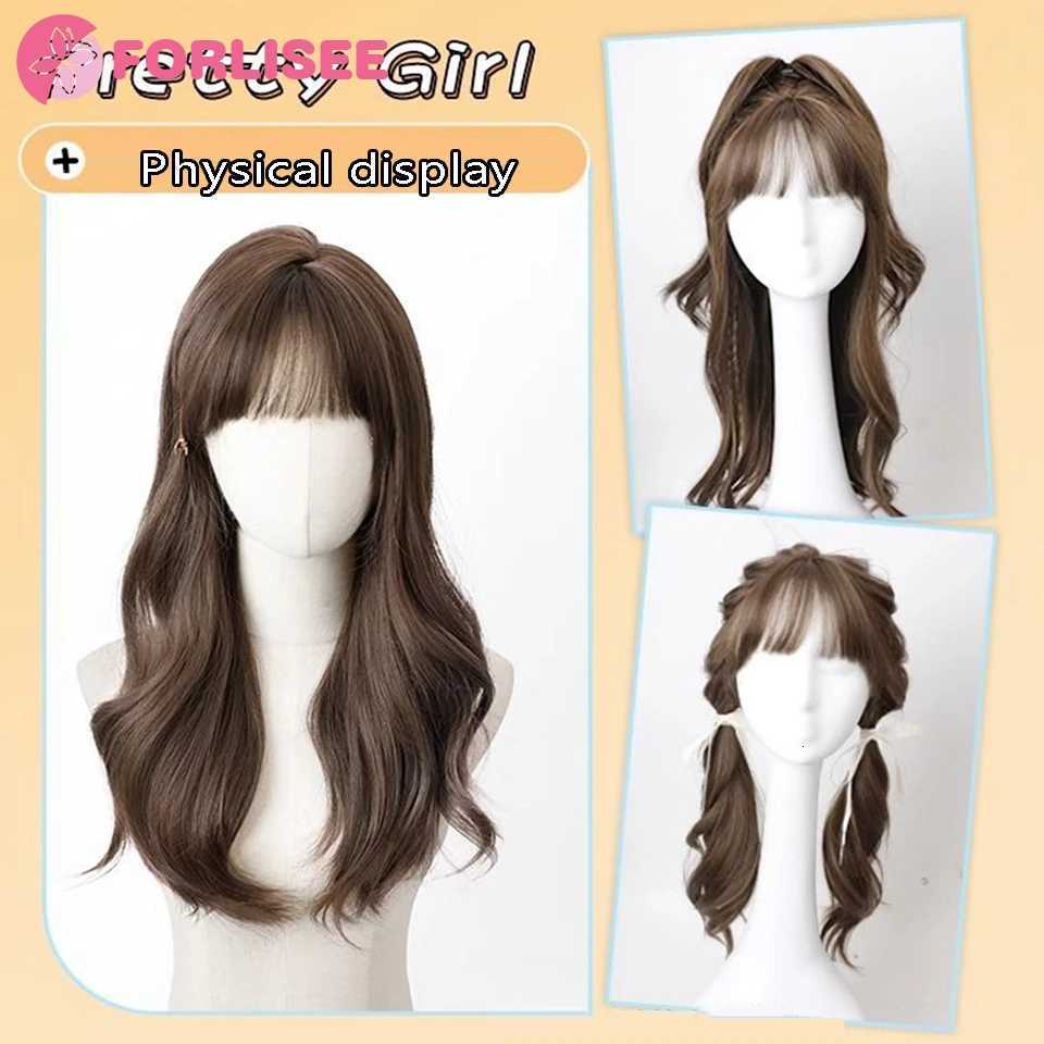 FORLISEE 23-inch Long Curly Hair Synthetic Fluffy Atmosphere Natural Full Bangs Long Curly Chemical Fiber Heat-resistant WigT251111