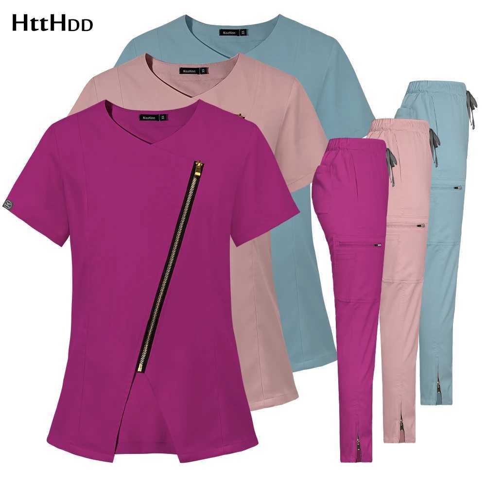 Womens medical nurse workwear frosted unified operating room top and pants fashionable beauty pet veterinarian zipper healthcare kit X250410