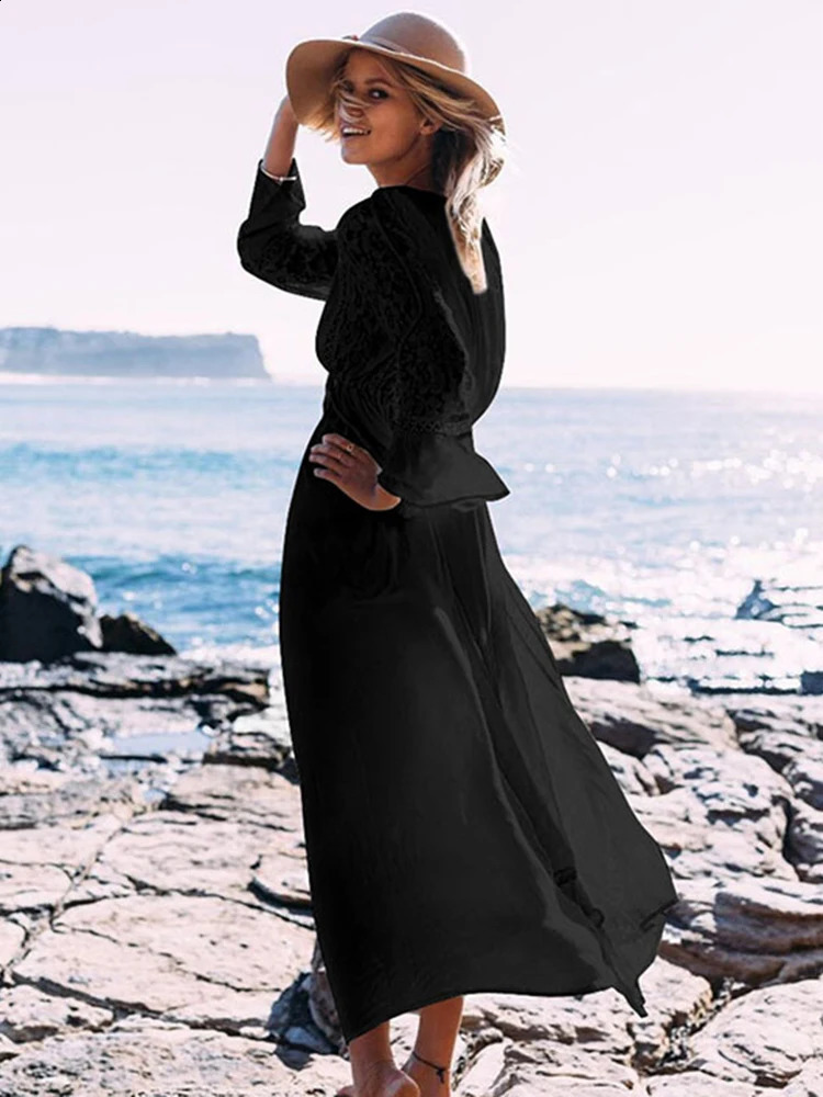 OIINAA Deep Vneck Bikini Top Womens Beach Splicing Lace Long Sleeve Summer Fashion Wear 250408