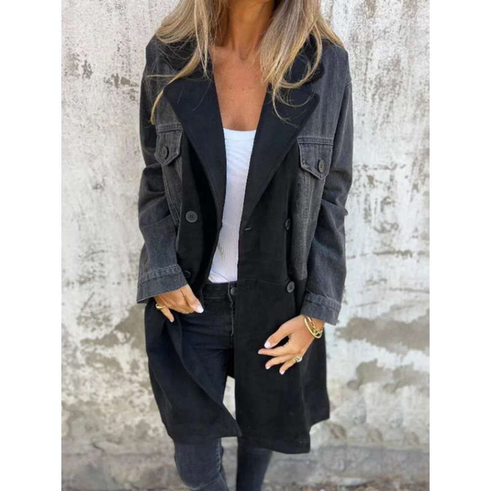 2024 Women Autumn Long Windbreaker Retro Turn Down Collar Denim Patchwork Ladies Trench Double-Breasted Casual Coats Streetwear