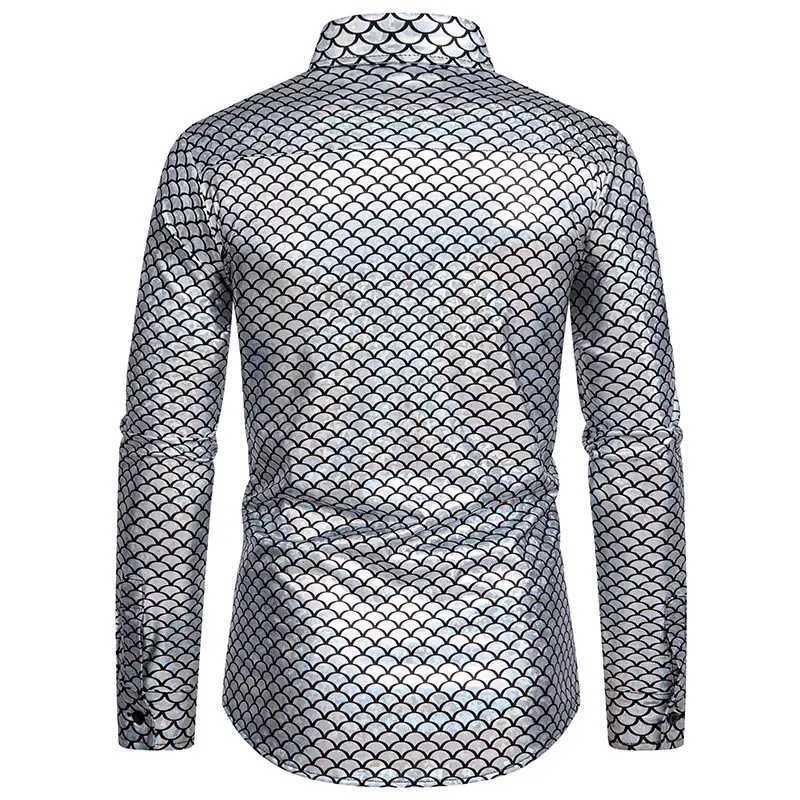 2024 New Glossy Fish Scales Green Mens Sequin Shirt Gold Bronzing Steampunk Nightclub Stage Party Dress Long Sleeve Top Men K251110