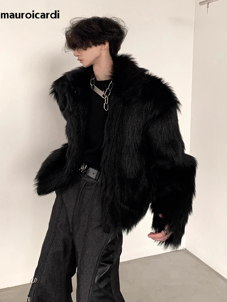 Mauroicardi Winter Short Cool Thick Warm Soft Black Hairy Faux Fox Fur Coat Men Long Sleeve Fluffy Jacket 251105