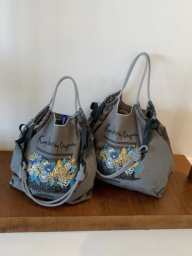 Womens shopping bag nylon cloth ethnic style embroidered window cut pattern Bohemian large capacity Tote ba 251110