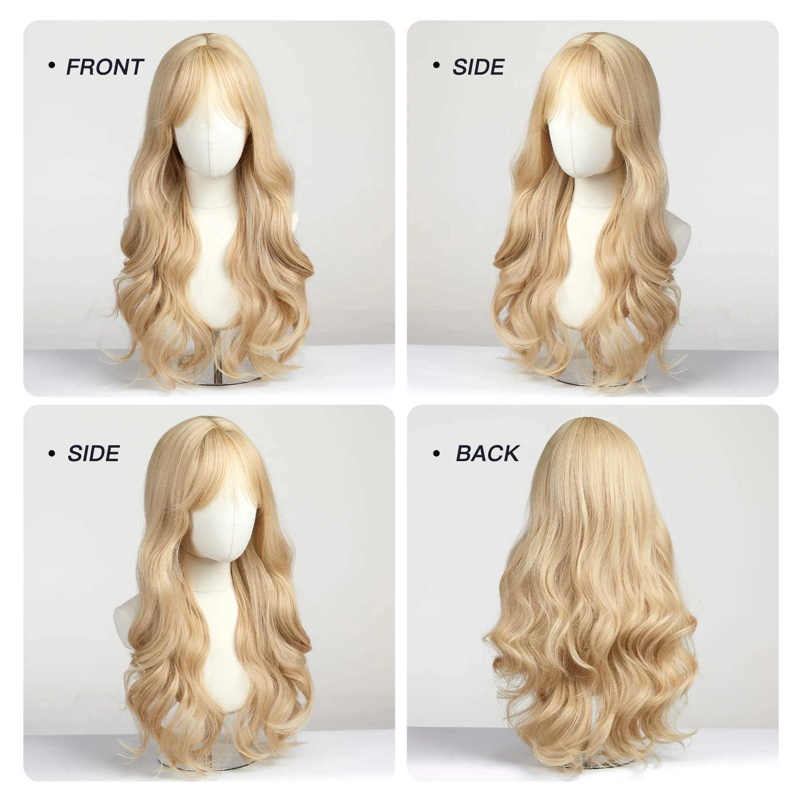 EASIHAIR Sandy Blonde Golden Wavy Synthetic Wigs with Long Bangs Cosplay Lolita Party Hair Wigs for Women Natural Heat ResistantT251111
