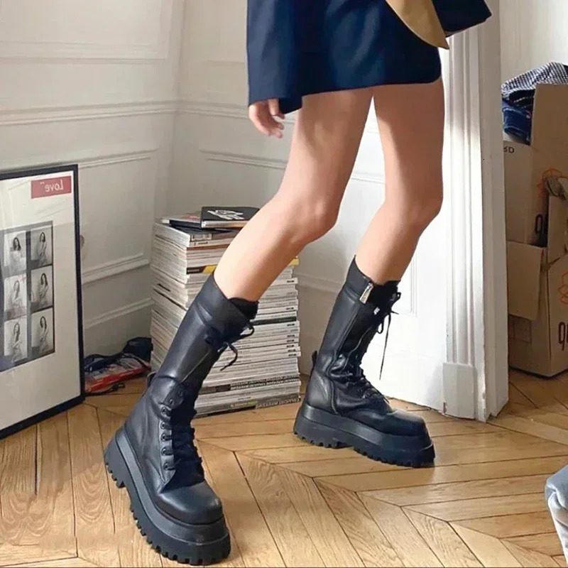 Chunky Women Motorcycle High Boots Fashion Lace Up Long Boots Platform Flats Autumn Winter Ladies Shoes 251110