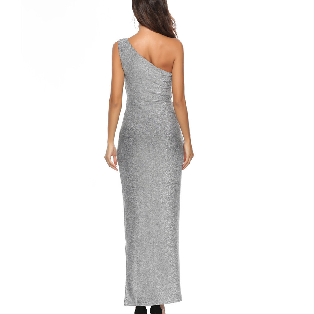Women's New One Shoulder Shiny Silk Elegant Large Solid Color Dress