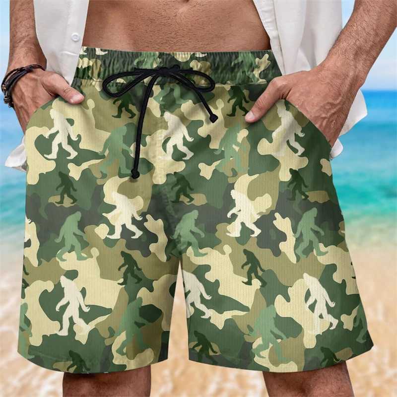 Camouflage Bigfoot Graphic Beach Shorts for Men Fashionable Retro 3D Printed Childrens Shorts Casual Street Clothing Oversized Swimming PantsW250410
