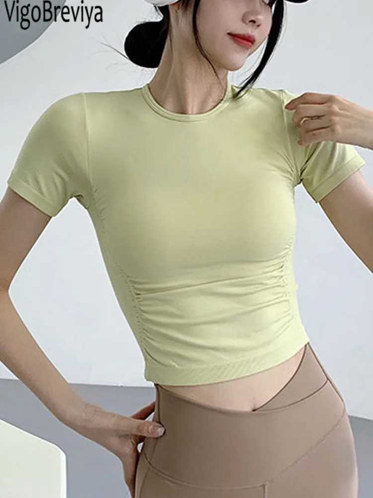 VigoBreviya short sleeved seamless yoga top 2025 solid fitness sports T-shirt gym running exercise topW250411