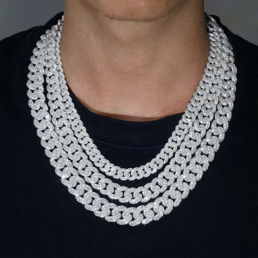 12mm 15mm 18mm Hiphop Jewelry Cuban Link Chain Curb 925 Sterling Silver Iced Out VVS Moissanite Cuban Chain