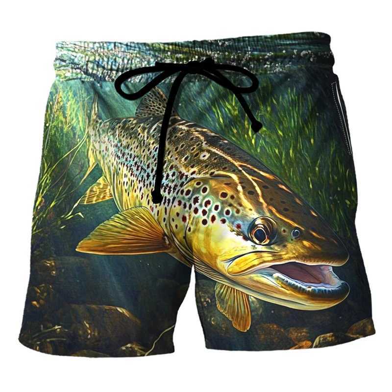 Fashionable fish shaped beach shorts for summer casual fishing 3D printed swimming shorts for men loose and breathable quick drying shortsW250410