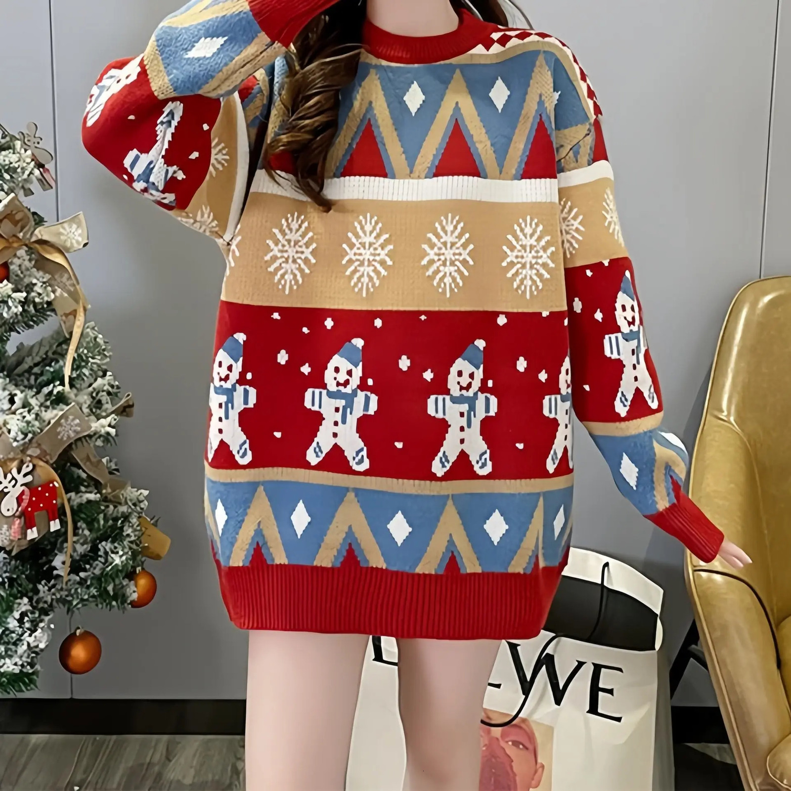 Autumn Winter Loose Oversized Sweater Women Christmas Snowflake Knitted Longline Thickened Pullover 251106