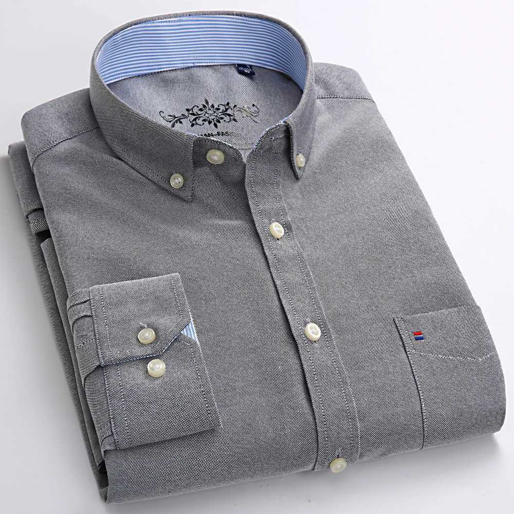 Mens Fashion Long Sleeve Oxford Work Shirt Single Patch Pocket Simple Design Embroidered Regular-fit Casual Button-down Shirts K251110