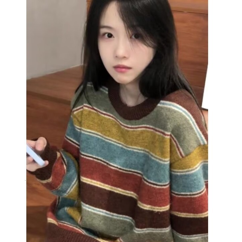 Women's Sweaters Y2k Aesthetic Sweaters O Neck Harajuku Pullover Womens Japanese Striped Jumpers Knitwear Autumn Grunge Contrast Color Pullovers 
