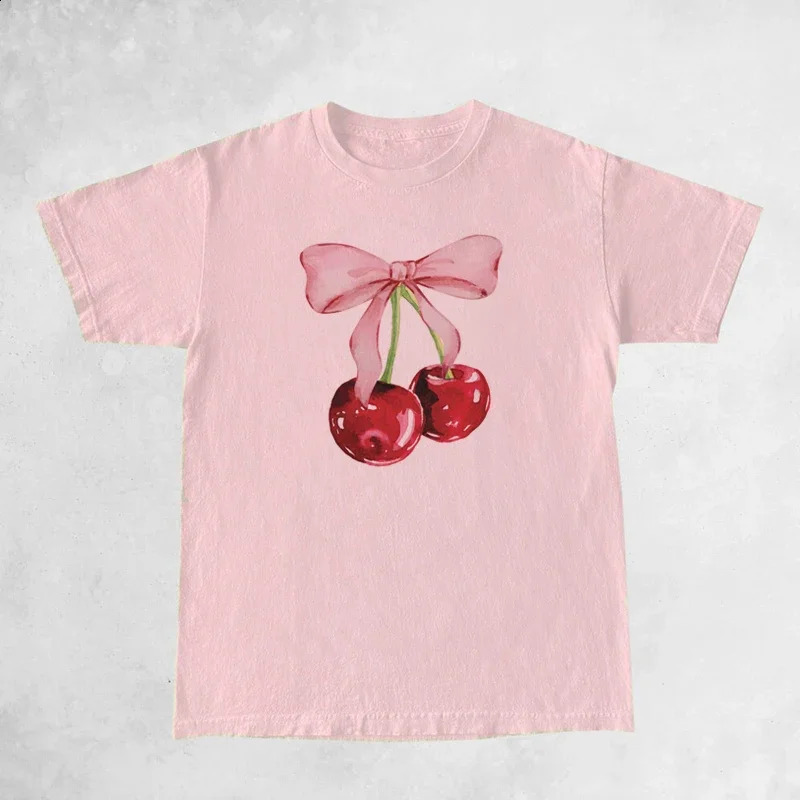 Cherry Bow Printed Womens Vintage T-Shirt Trendy Cute Coquette Tee Shirt Short Sleeve Cottagecore Aesthetic Tops Female Clothes 250410