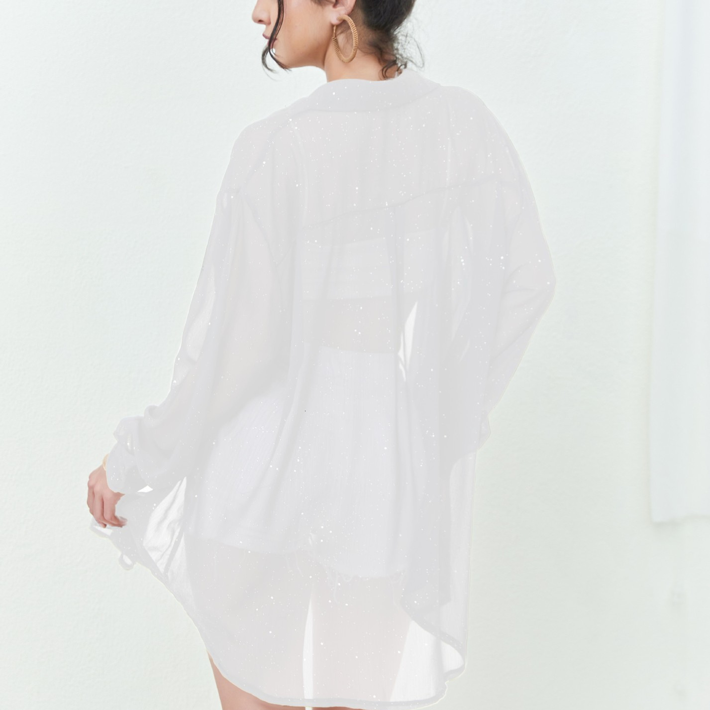 2025 women's fashion long sleeved thin collar sequined casual shirt
