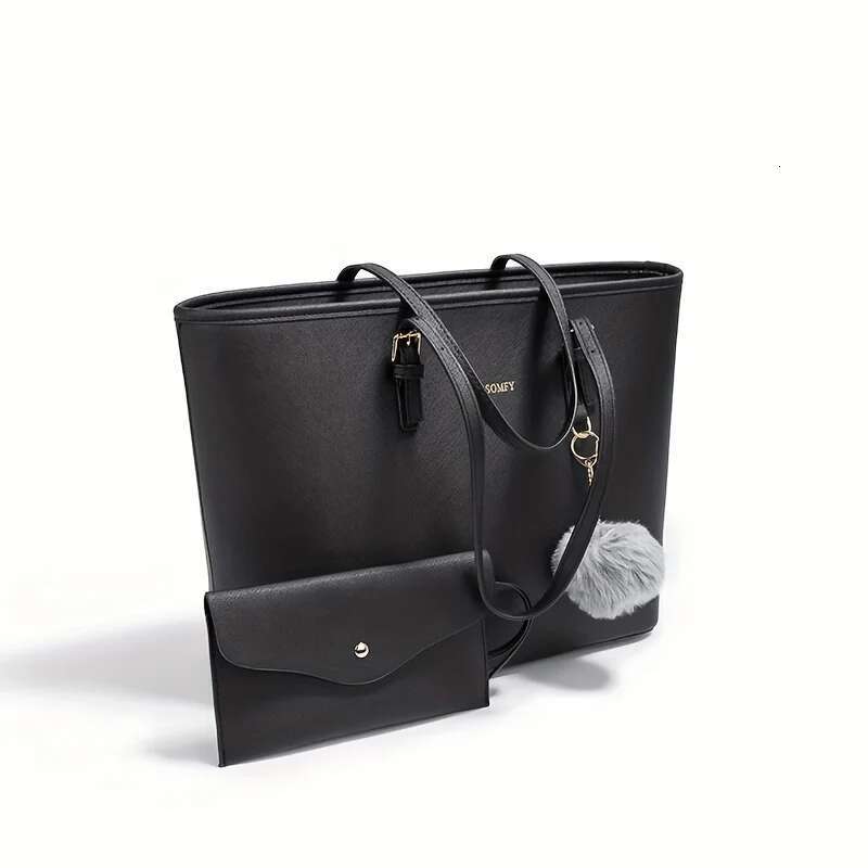 2Pc+Women Shoulder Tote Handbag PU Leather Large Capacity Computer Purse Bag Wallet Black Valentine's Day Gift