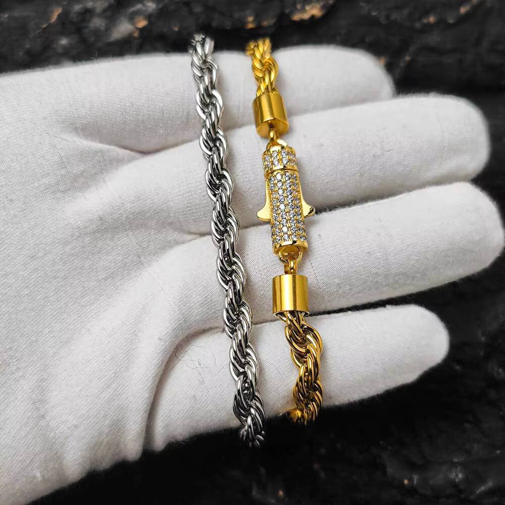 Nuoya New Style 6mm Iced Out Clasp Rope Chain Stainless Steel 18K Gold Plated Twist Rope Chaain Bracelet Jewelry for Women