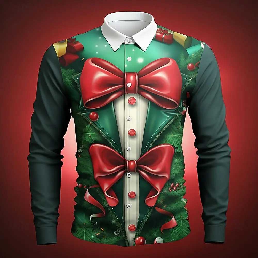 Funny Christmas Mens Christmas Costume Faux Collar and Suit Design Suit Tie Printed Tuxedo Shirt Long Sleeve Button Up Shirt K251110