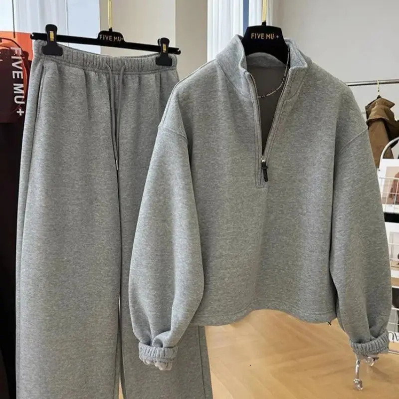 BAFU Autumn Winter Fleece Grey Sprotwear Women Zipper Pullover HoodieDrawstring Wide Leg Pants Casual Loose Tracksuit 004F 251105