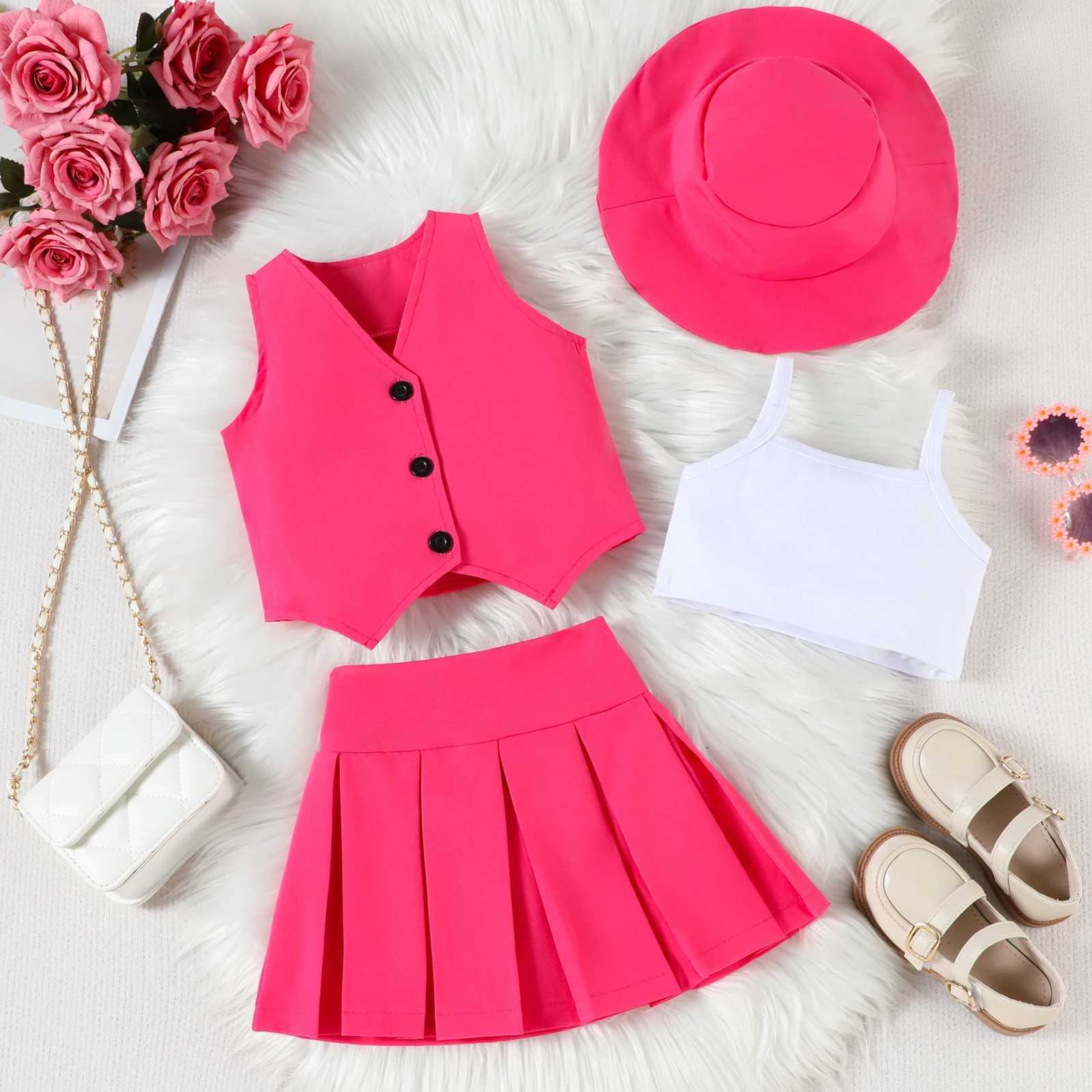 3-7Y Fashion Girls Summer Clothing Set V-neck Sleeveless Button Tank Top Cami Wrinkled Ski Hat 4pcs Childrens ClothingXJ250410