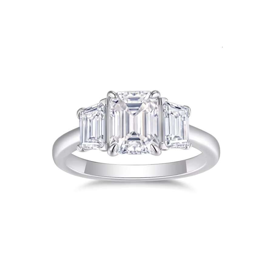 3CTW Moissanite Ring 3 Stone Emerald Cut 18K Gold Plated 925 Sterling Silver Elegant Classic Engagement Gift with Certificate