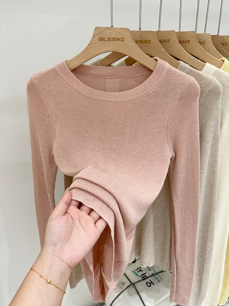 Spring Basic ONeck Ultra Thin Tshirt for Women Solid Color Multi Matching Trend Casual Top Screw Knitted Long Sleeve Elastic Office 250411Z