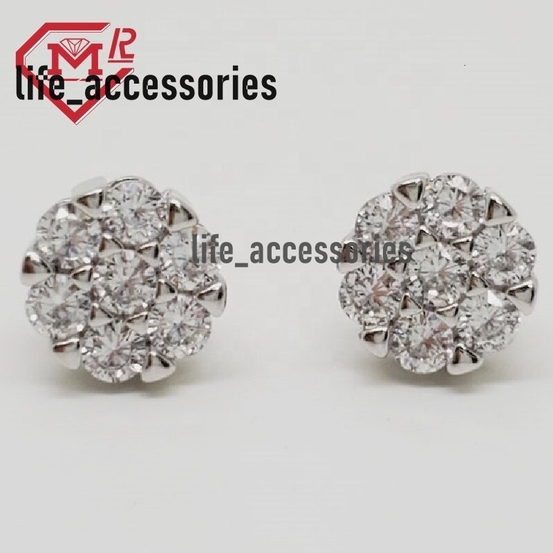 Flower Cluster Stud Earrings Round Moissanite Diamond 925 Sterling Silver Screw Back Hip Hop Earrings