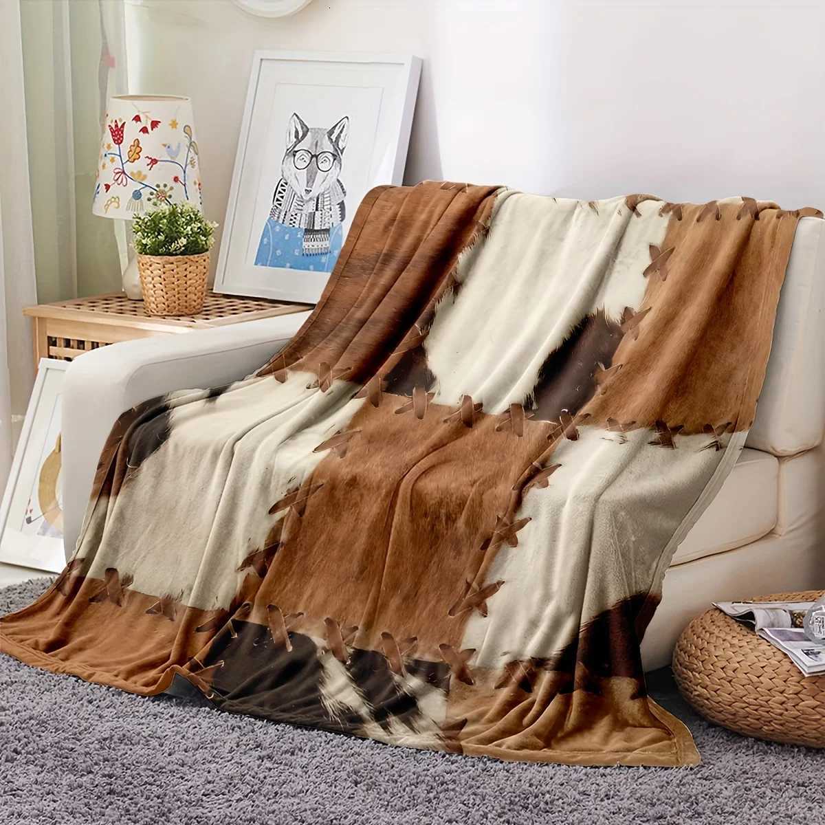 Faux Cowhide Flannel Blanket Designed With Stitched Accents Ideal For Rustic Living Room Decoration Providing Plush Feel C251111