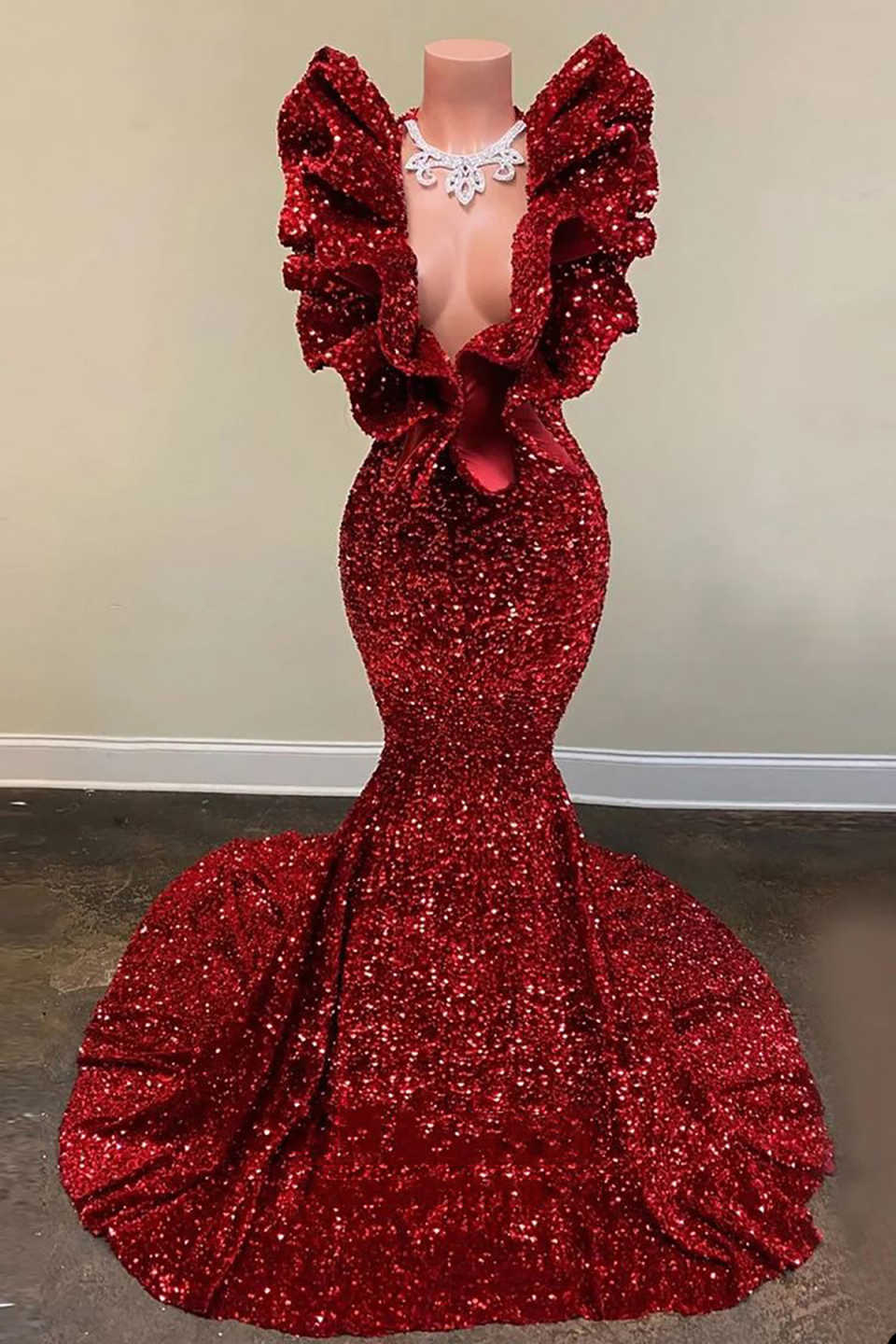 Luxury Sequined Mermaid Prom Dress Black Girls Sequins Ruffles V Neck Birthday Party Evening Gowns Customized Robes de