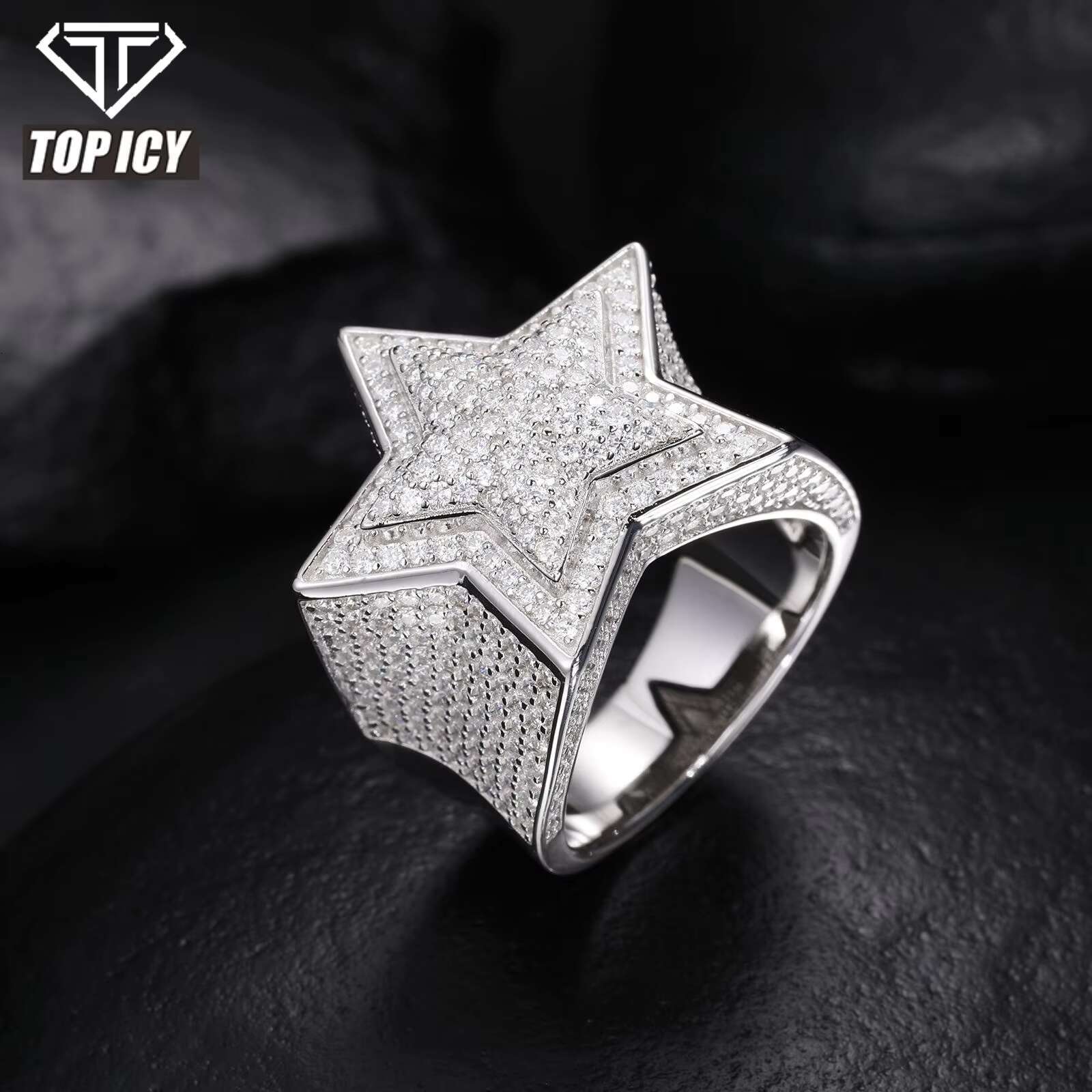 Hip Hop Fashion 3D Star VVS D Moissanite Ring Sparkling 925 Sterling Silver Ring Jewelry for Wedding Party Gift Engagement