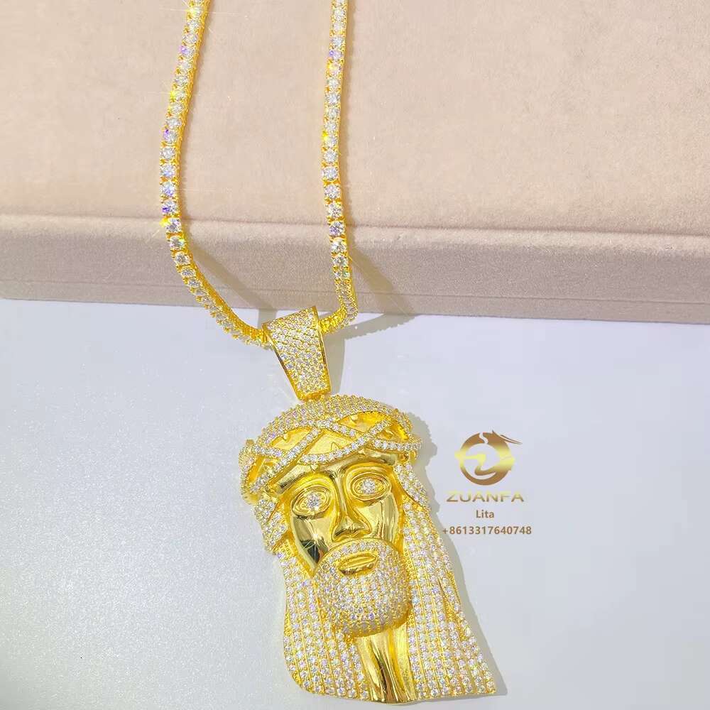 Buss Down Luxury 18k Gold Plated Sterling Silver Jesus Face Big Diamond Men Moissanite Pendant Necklace