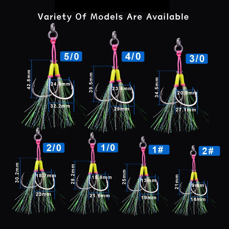 2pairPack High Carbon Steel Assist Double Hook for Sea Fishing Luminous Barbed Sizes 250 Slow Jig Metal Fishhook 251103