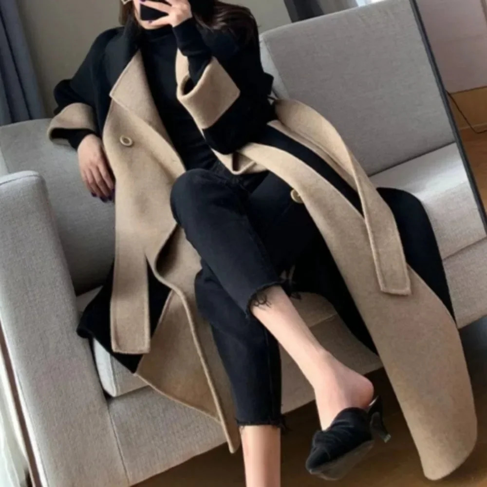 Women Autumn Winter Doublefaced Cashmere Blends Long Style Elegant Patchwork Woolen Overcoat High Street Slim Sashes Outerwear 251104
