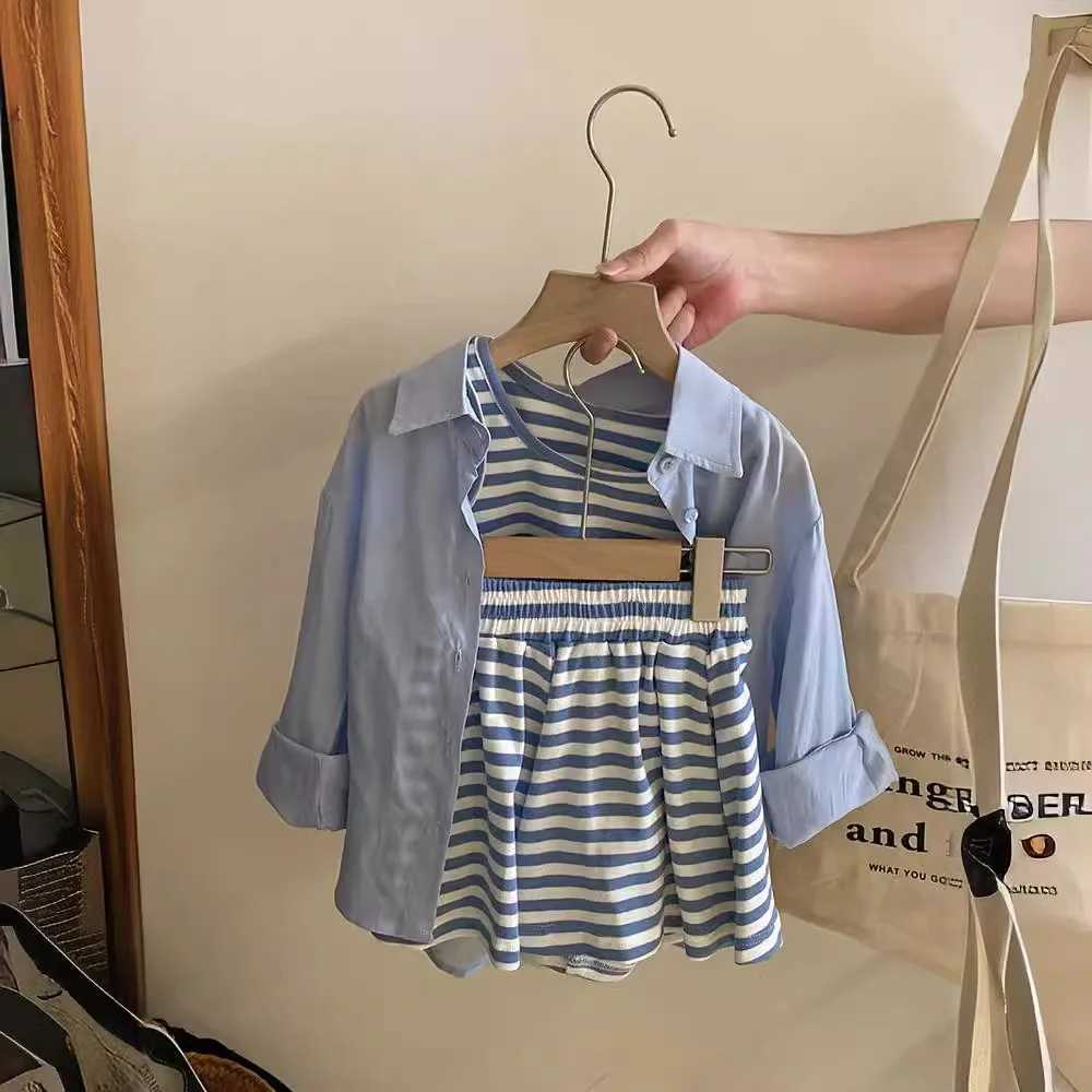 Childrens clothing set long sleeved shirt+striped vest+shorts 3-piece set for girls clothing set for 3 to 7 yearsXJ250410