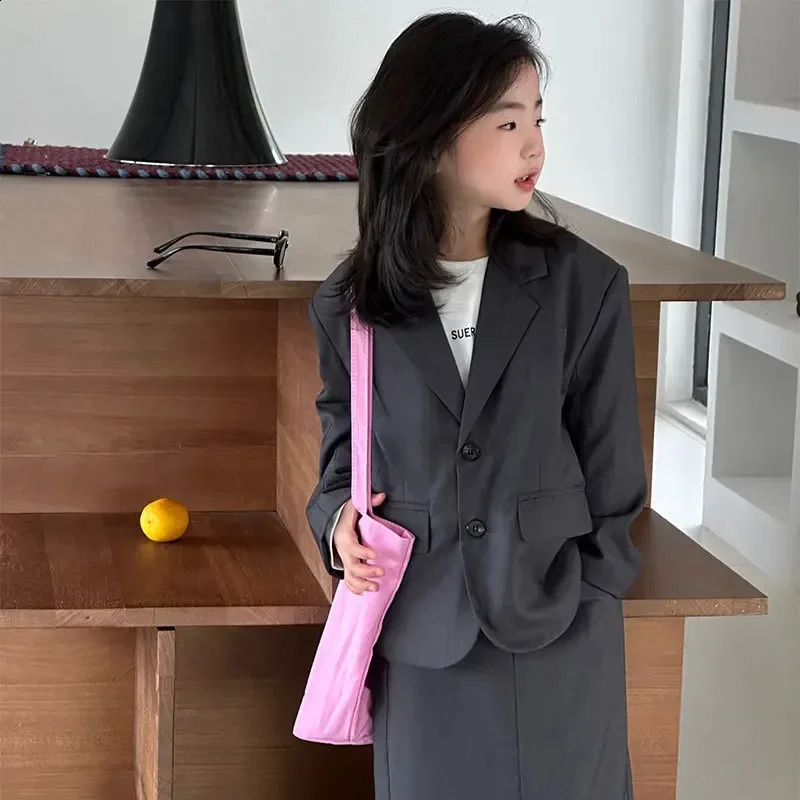 Girls Grey Suit Autumn Casual Loose Blazer Skirt Two Pieces School Uniform for Kids Wedding Party Formal Costumes 2-13 Year 250410