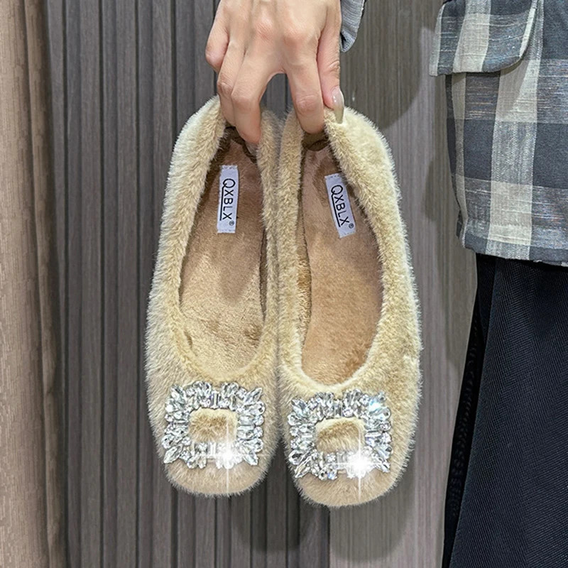 Rhinestone Buckle Fur Shoes Woman Rabbit Hair Flats Soft Furry Loafers Winter Square Toe Cotton Mocasines Mujer Fluffy Ballerina 251110