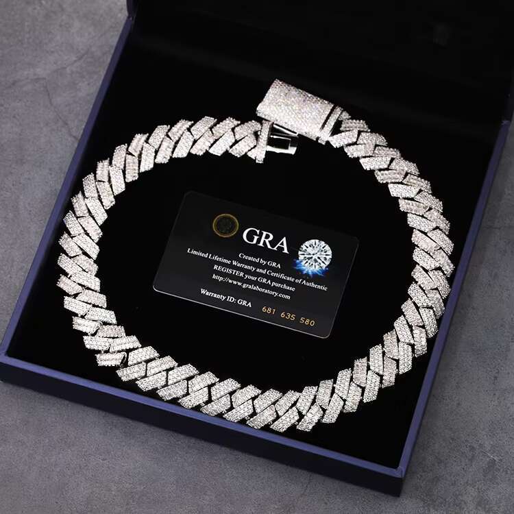 Luxury Jewelry 18K Gold Plated 925 Solid Silver Baguette and Round Moissanite Diamond Cuban Link Chain with GRA Certificate